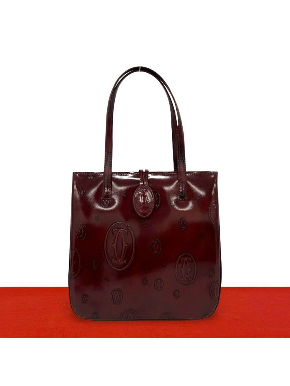 Cartier Happy Birthday Logo Embossed Patent Leather Handbag Mini Tote Wine Red